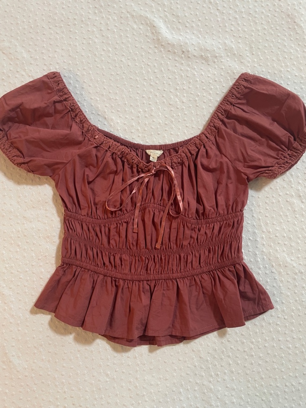 Corset OS Smocked Peplum Top -Rust ribbons crop S cotton babydoll fairy romantic